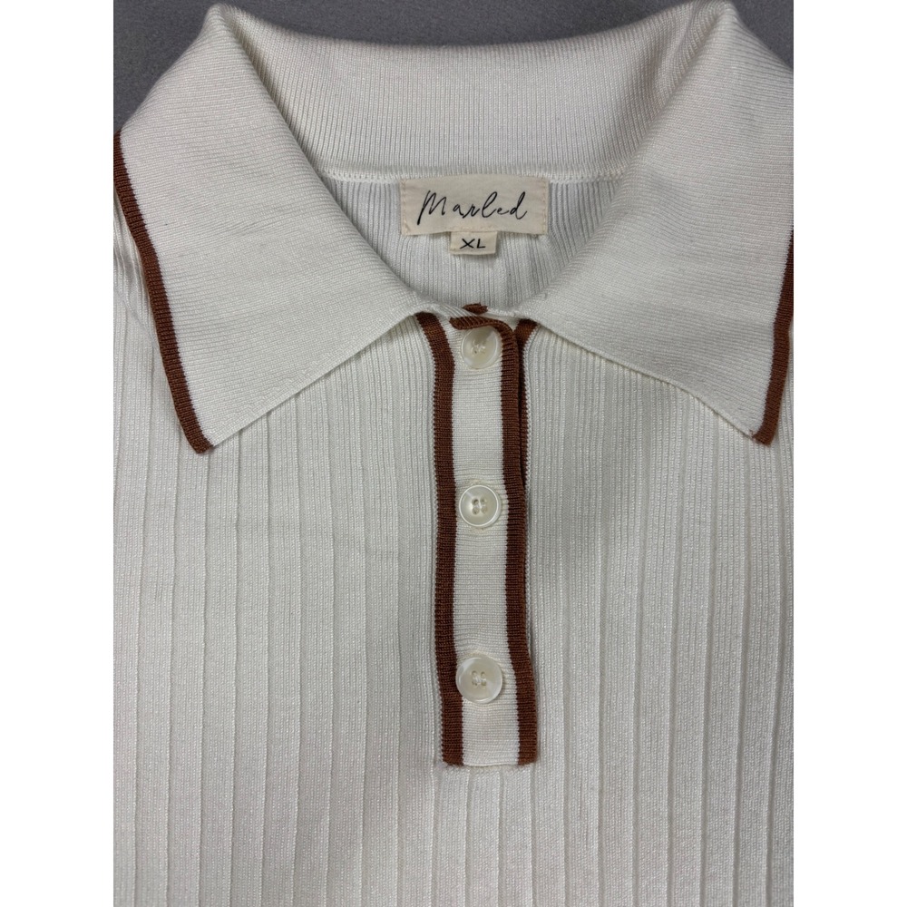 Marled 2 Piece Skirt Set XL White Ribbed Knit Polo Top Midi Skirt Cream Co-ord - Picture 2 of 14